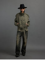 Cropped Trench Jacket with Stand Collar and Curved Shoulders