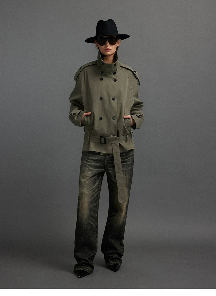 Cropped Trench Jacket with Stand Collar and Curved Shoulders