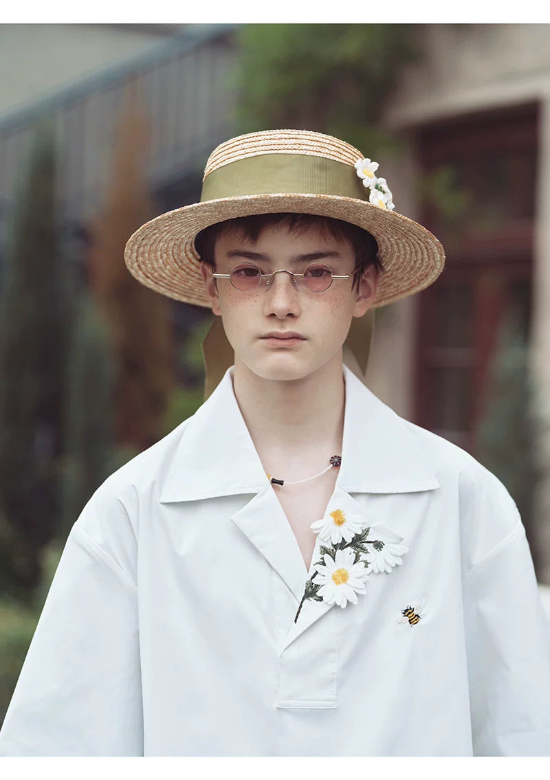 Chamomile Embroidered Asymmetrical Collar Short Sleeve Shirt
