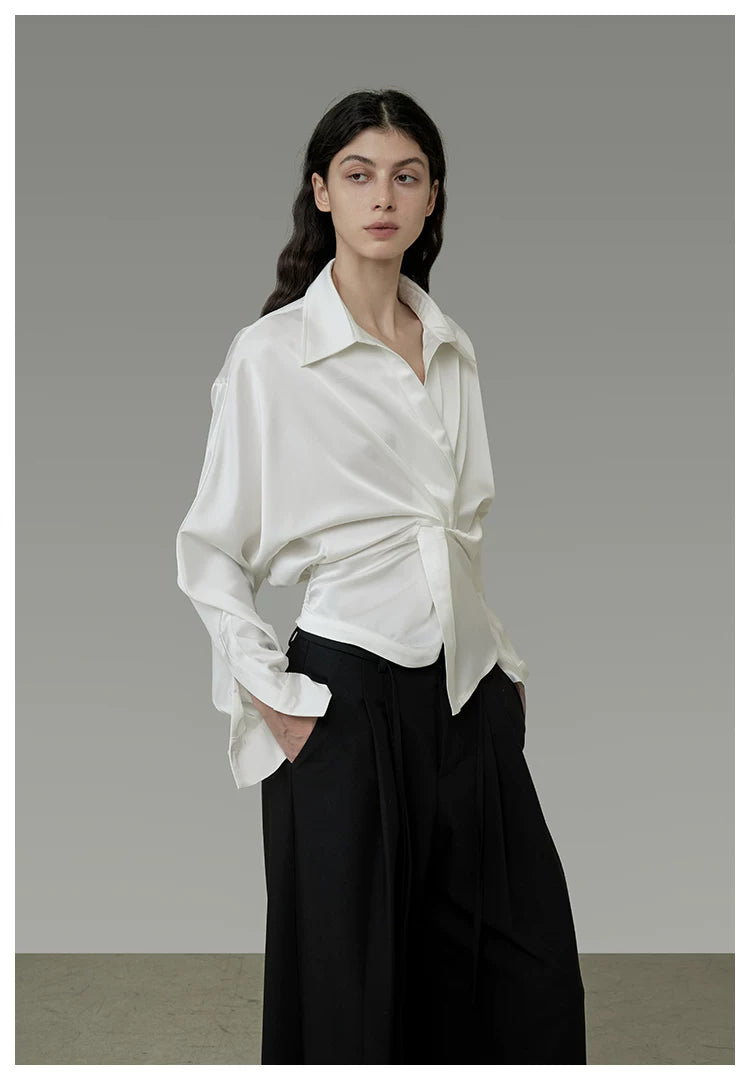 French-Inspired Satin V-Neck Twist Knot Blouse
