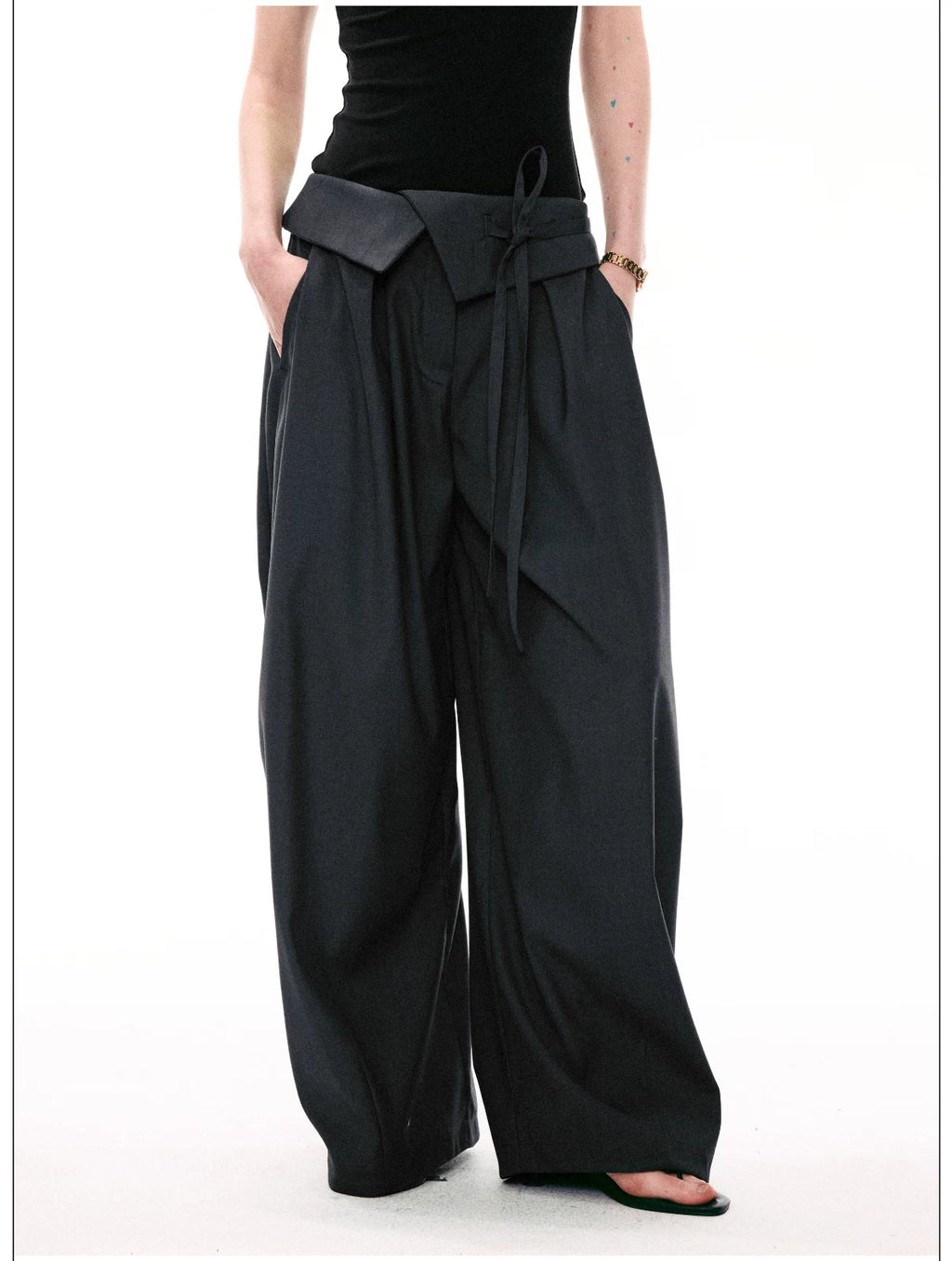 French Style Foldover Wide-Waist Tie Loose Wide-Leg Pants
