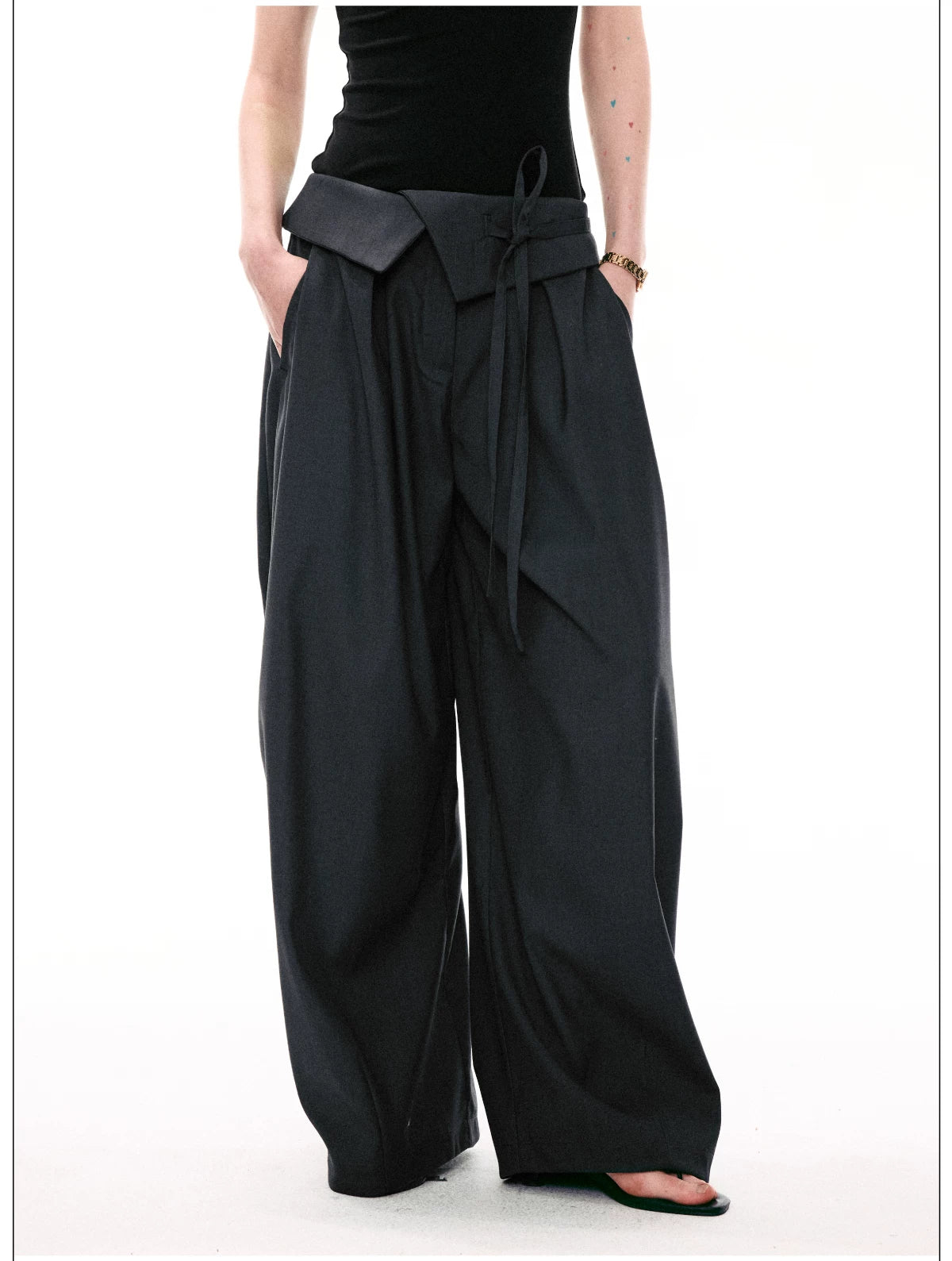 French Style Foldover Wide-Waist Tie Loose Wide-Leg Pants