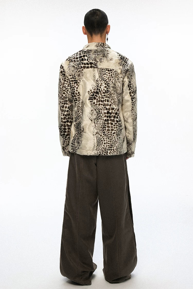 Leopard Print Faux Fur Glossy Stand Collar Cropped Casual Jacket