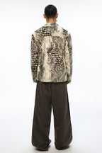 Leopard Print Faux Fur Glossy Stand Collar Cropped Casual Jacket