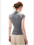 French-Inspired Mock Neck Ruched Slim-Fit Cap Sleeve Top