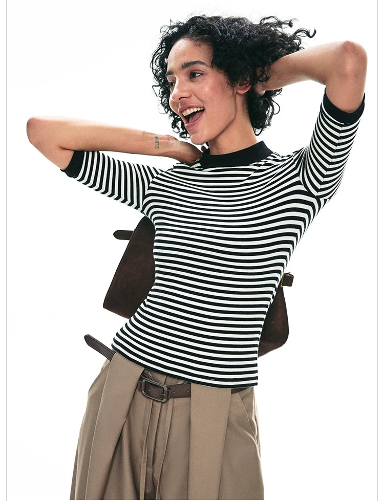 Tencel Knit Slim-Fit Short Sleeve Top with Mock Neck