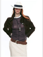 French-Inspired Vintage Flocked Twill Cropped Biker Jacket