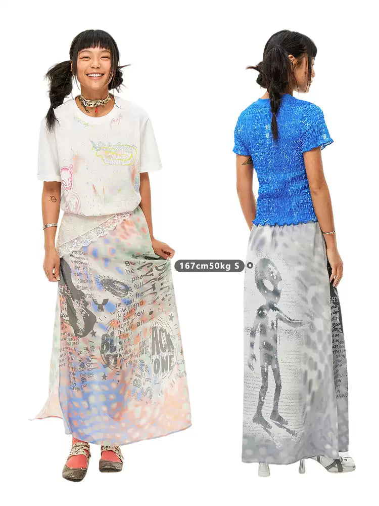 Reversible Alien Futuristic Print Chiffon Mesh Skirt