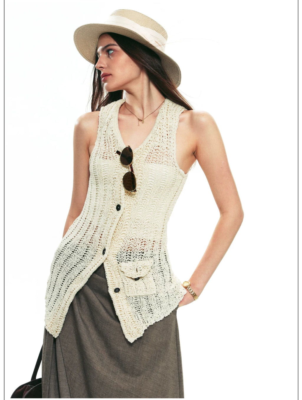 French Vintage Sleeveless Pointelle Knit Vest for Summer