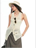 French Vintage Sleeveless Pointelle Knit Vest for Summer