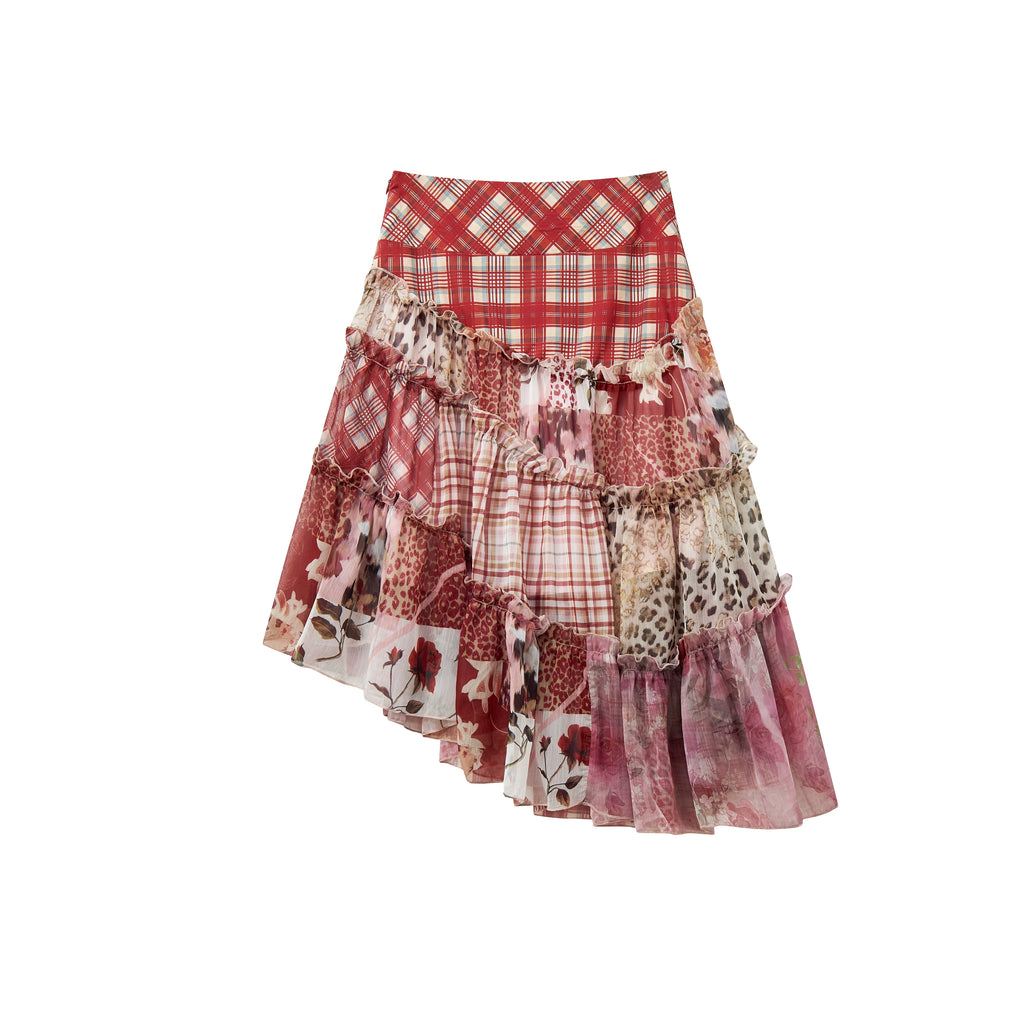 Irregular Patchwork Plaid Tiered Skirt