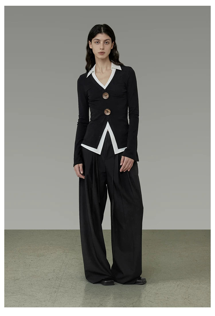 Black Tie-Waist Pleated Wide-Leg Pants