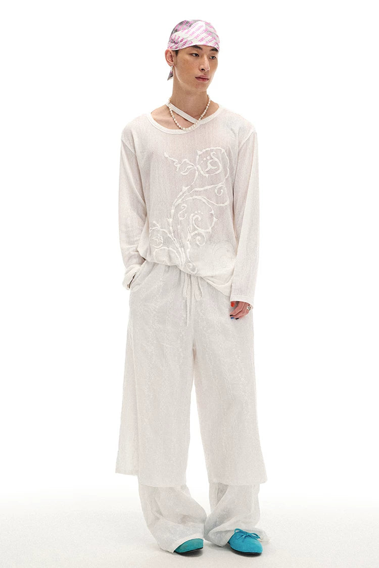 Semi-Sheer Printed Fitted Knit Long Sleeve T-Shirt
