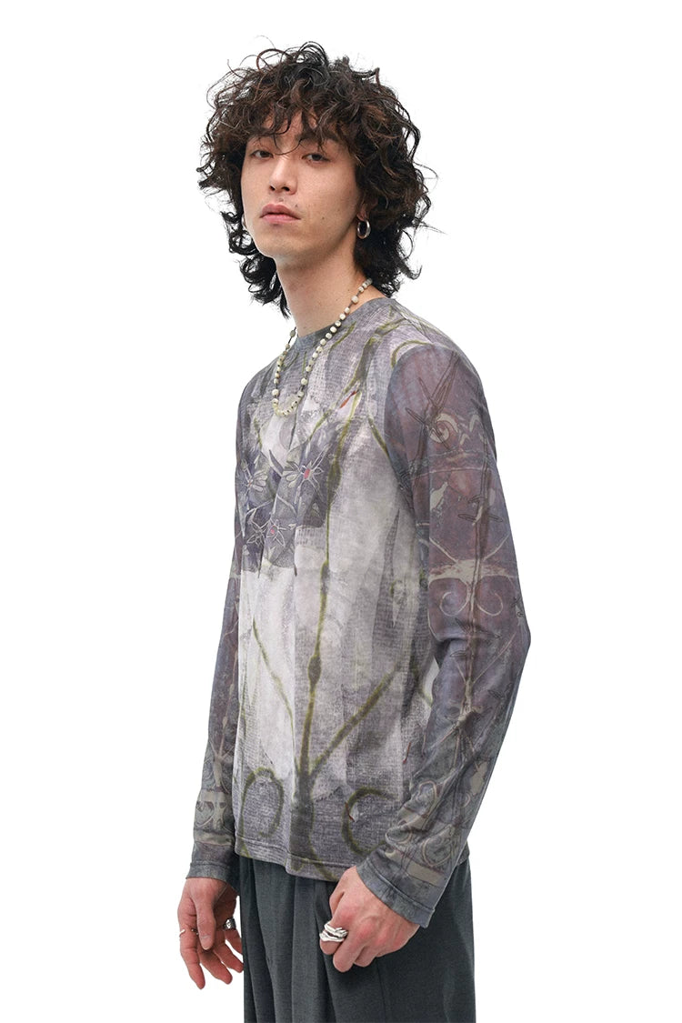 All-Over Print Stretch Mesh Lightweight T-Shirt