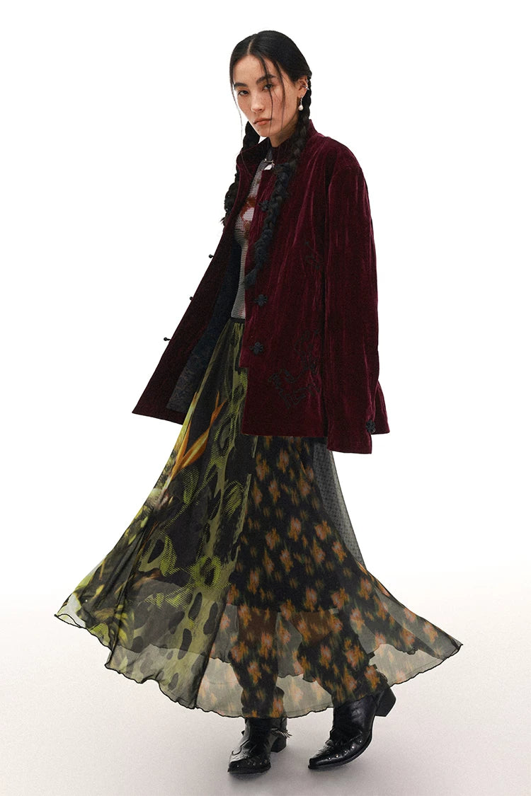 Year of the Horse Velvet Embroidered Chinese Frog Button Stand Collar Cardigan Jacket