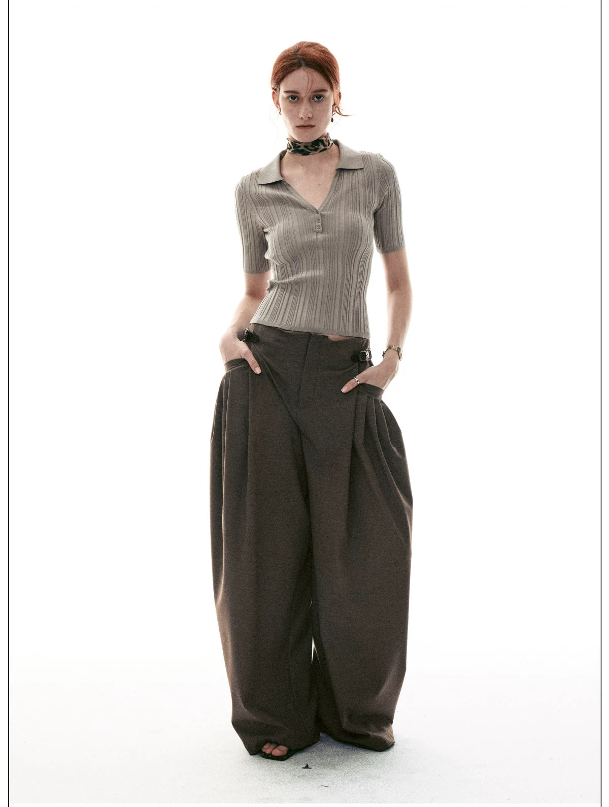 French-Inspired Ribbed Half Sleeve Polo Knit Top