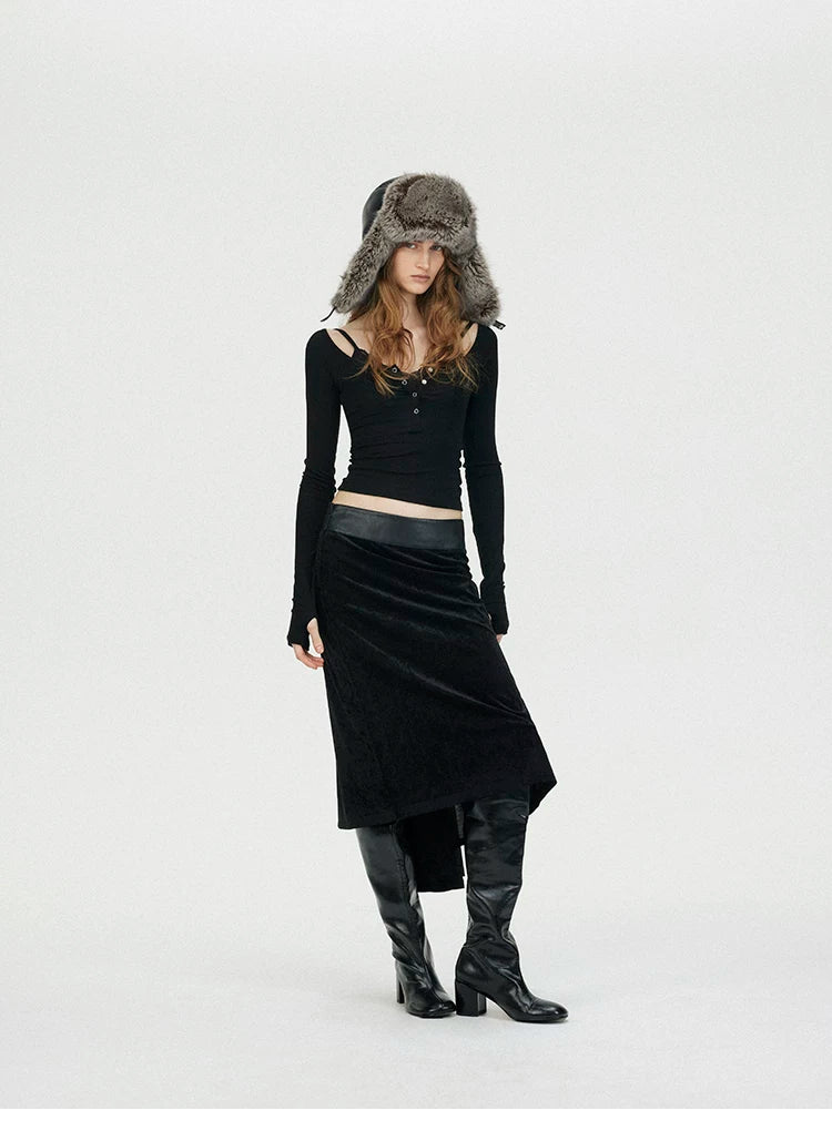 Faux Two-Piece Lace U-Neck Henley Layering Top