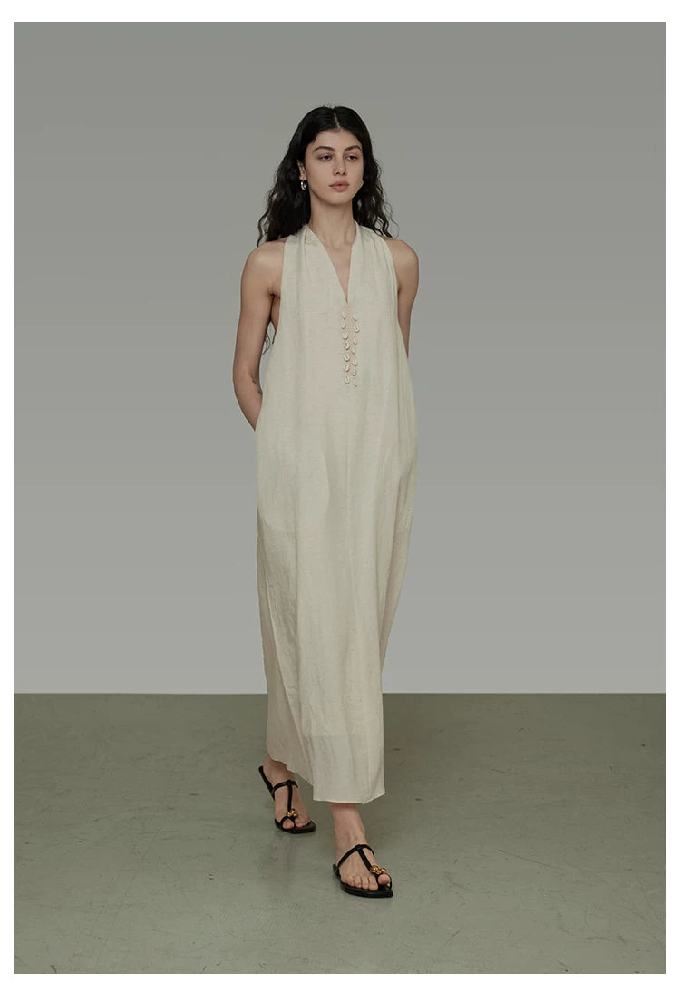 Halter Neck V-Neck Sleeveless A-Line Maxi Dress