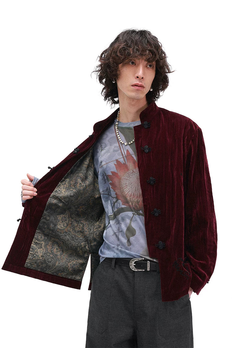 Year of the Horse Velvet Embroidered Chinese Frog Button Stand Collar Cardigan Jacket