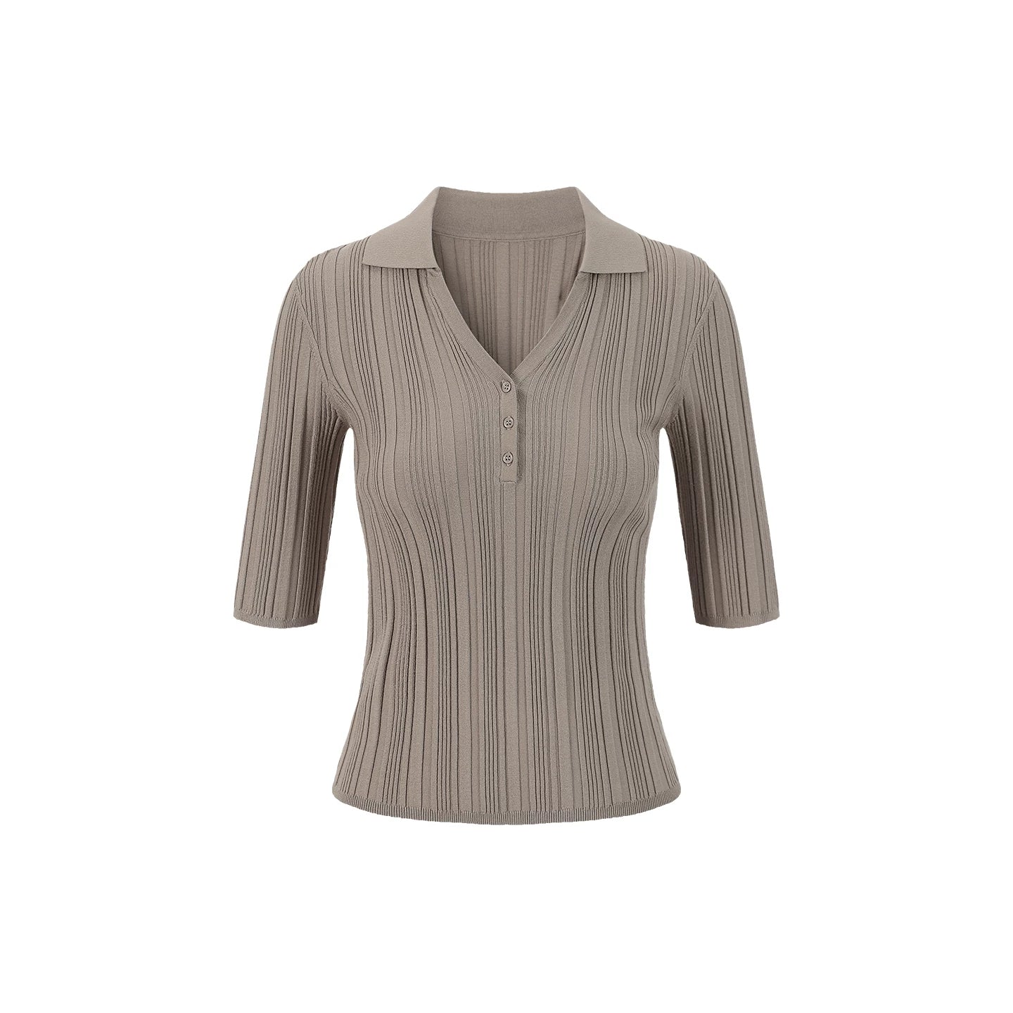 French-Inspired Ribbed Half Sleeve Polo Knit Top Main image