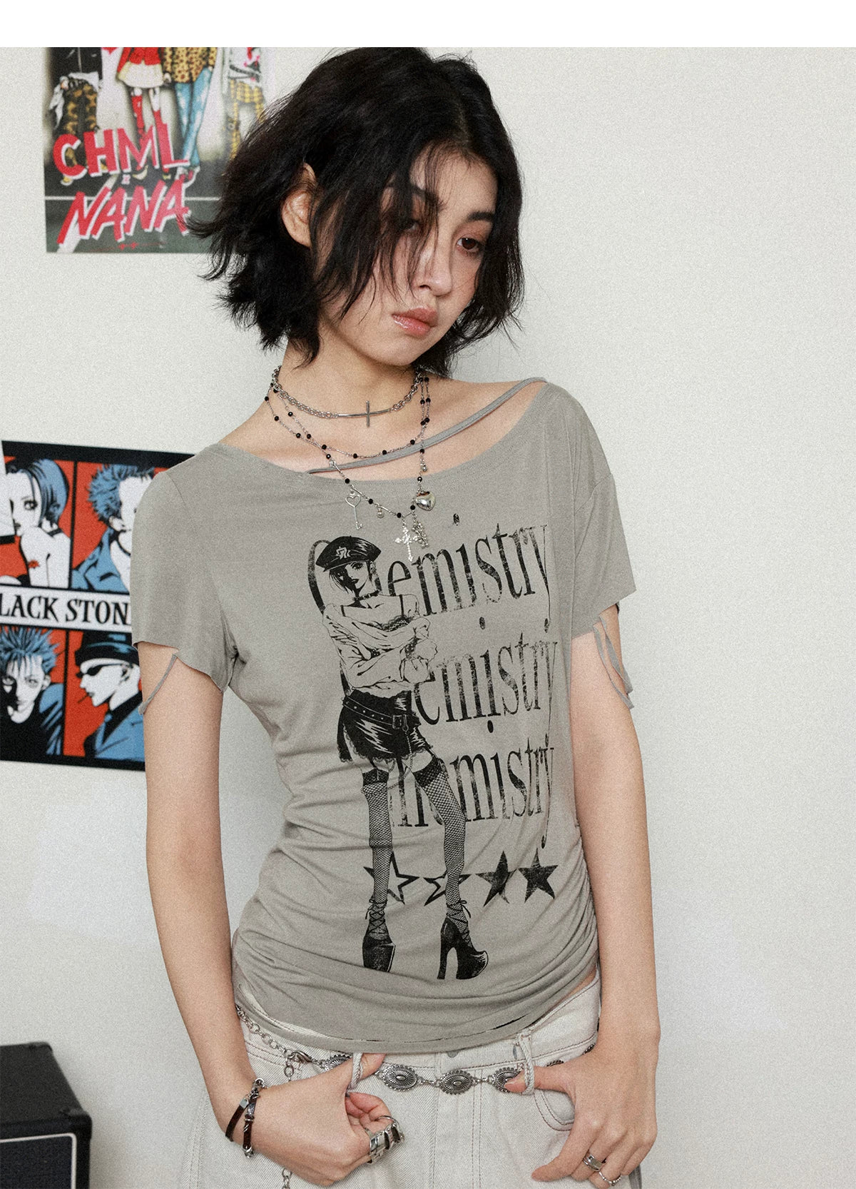 NANA Collaboration Distressed Drawstring Off-Shoulder Short Sleeve T-Shirt Secondary image