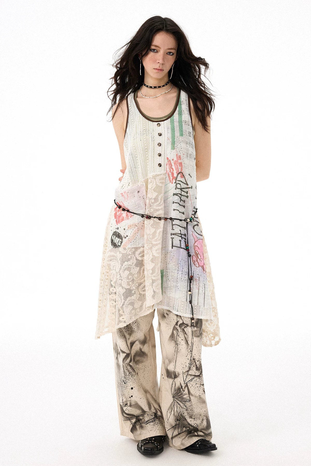 Sleeveless Mid-Length Graffiti Lace Patchwork A-Line Slip Dress