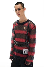 Soft Wool & Mohair Striped Open-Knit Distressed Sweater