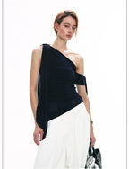French-Inspired Acetate One-Shoulder Tie Detail Sleeveless Top