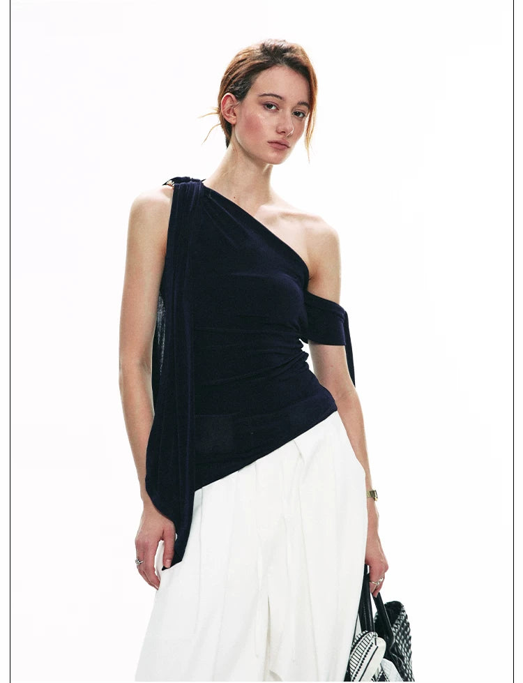 French-Inspired Acetate One-Shoulder Tie Detail Sleeveless Top