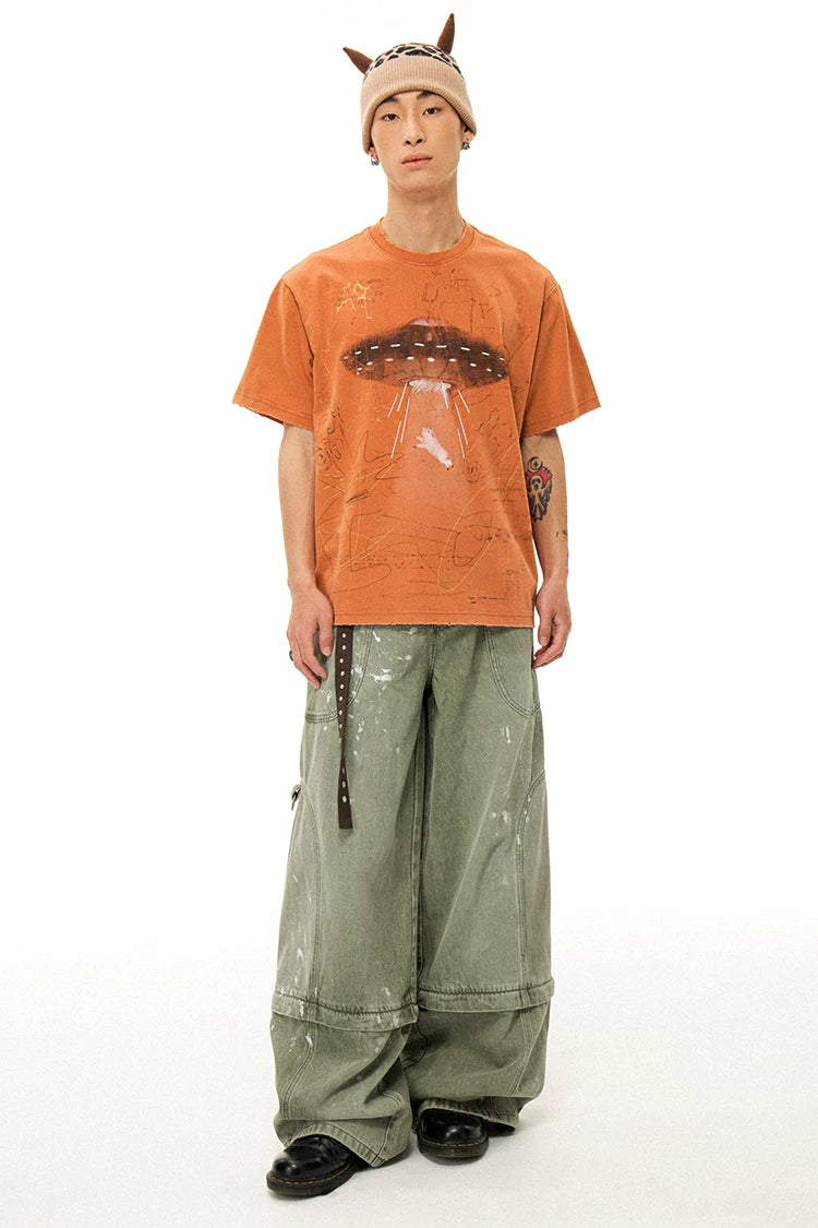 Alien UFO Pig Graphic Short Sleeve T-Shirt
