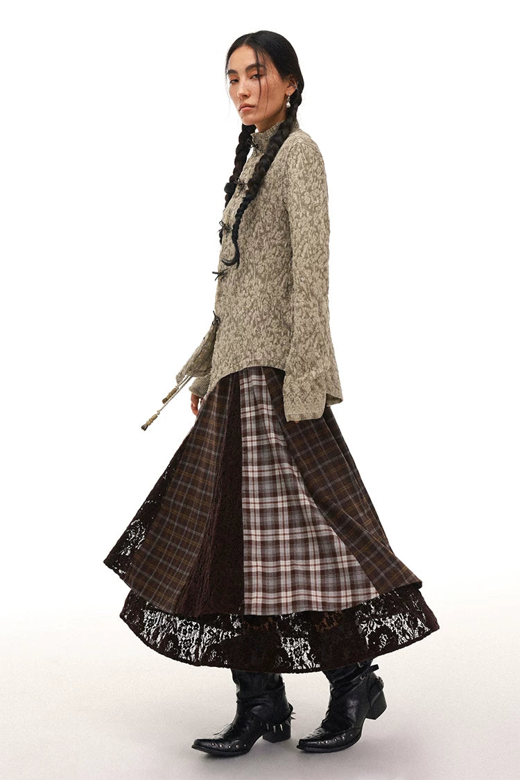 Elegant Jacquard Lace Patchwork Mandarin Collar Shirt