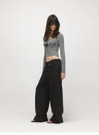 Velvet Tie U-Neck Half-Placket Fitted Knit Top