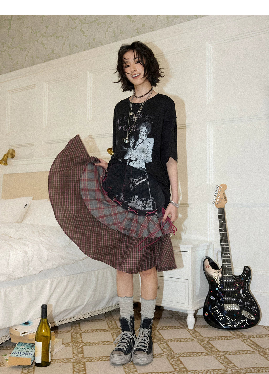 NANA Collaboration Plaid Patchwork Lace-Up Tiered Skirt