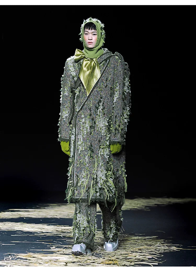 Handmade Mossy Textured Fringe Long Loose Coat