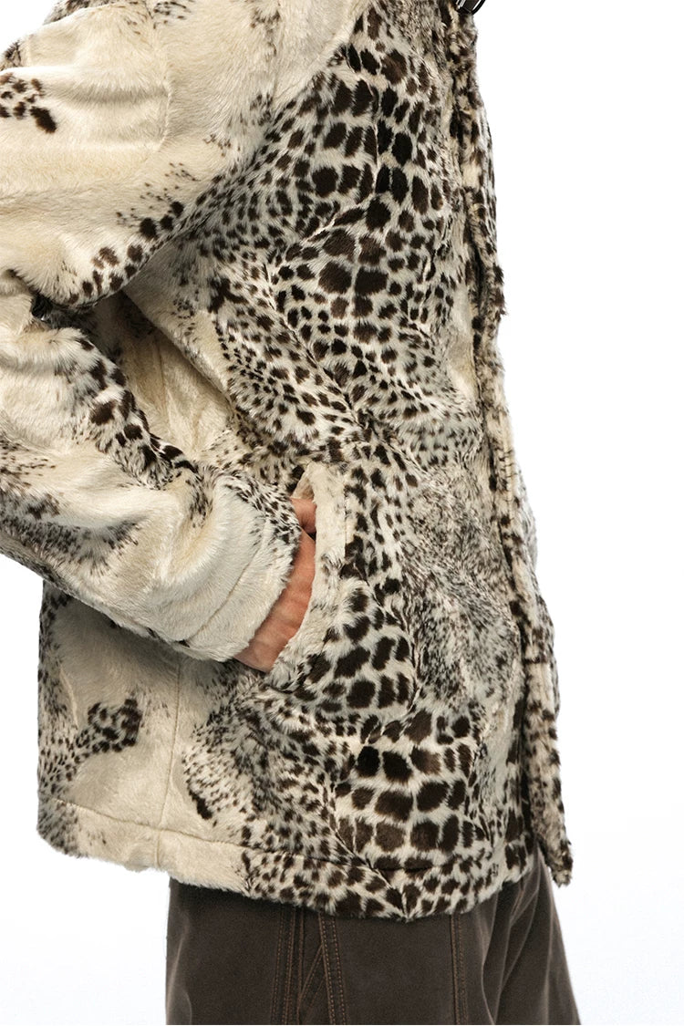 Leopard Print Faux Fur Glossy Stand Collar Cropped Casual Jacket