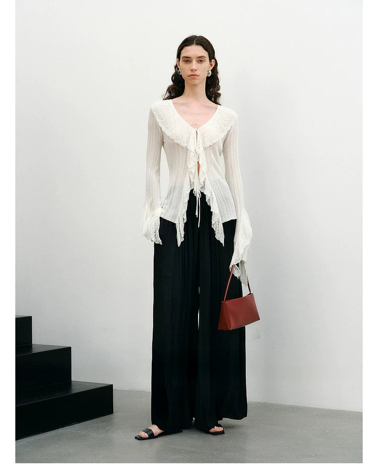 Lace Ruffle V-Neck Knit Cardigan