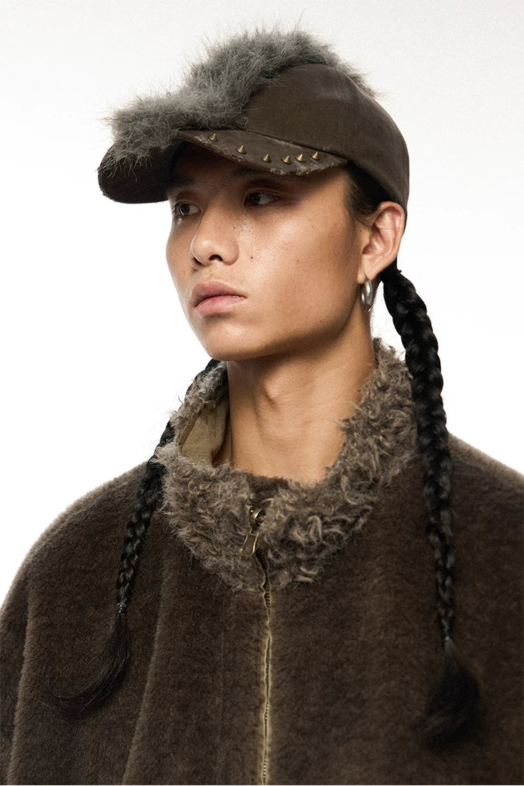 Vintage Punk Distressed Mohair Plush Newsboy Cap with Studs – Washed Texture