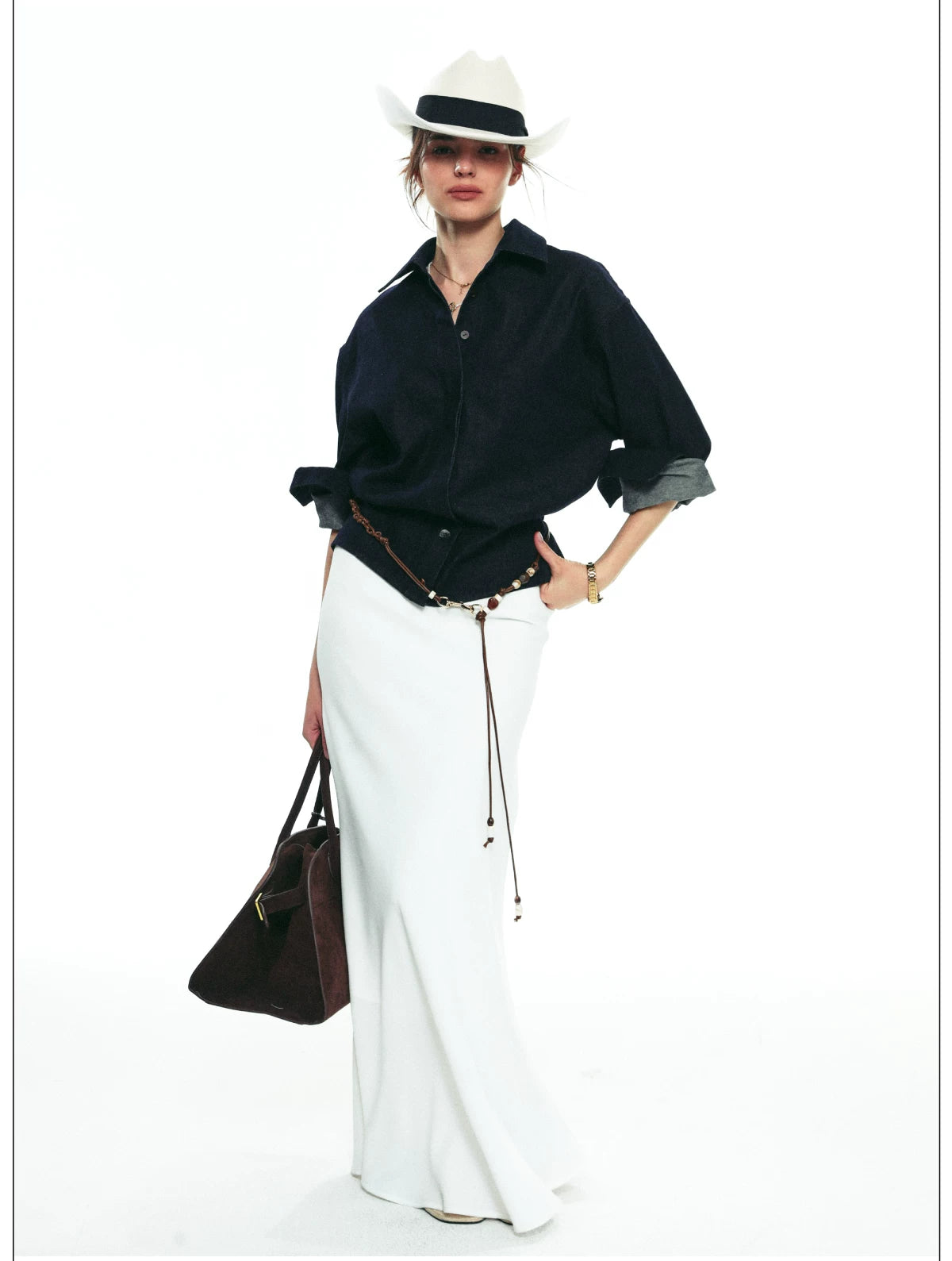 French-Inspired Slim-Fit Cropped Denim Shirt