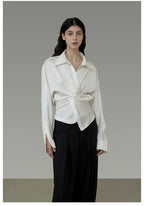 French-Inspired Satin V-Neck Twist Knot Blouse
