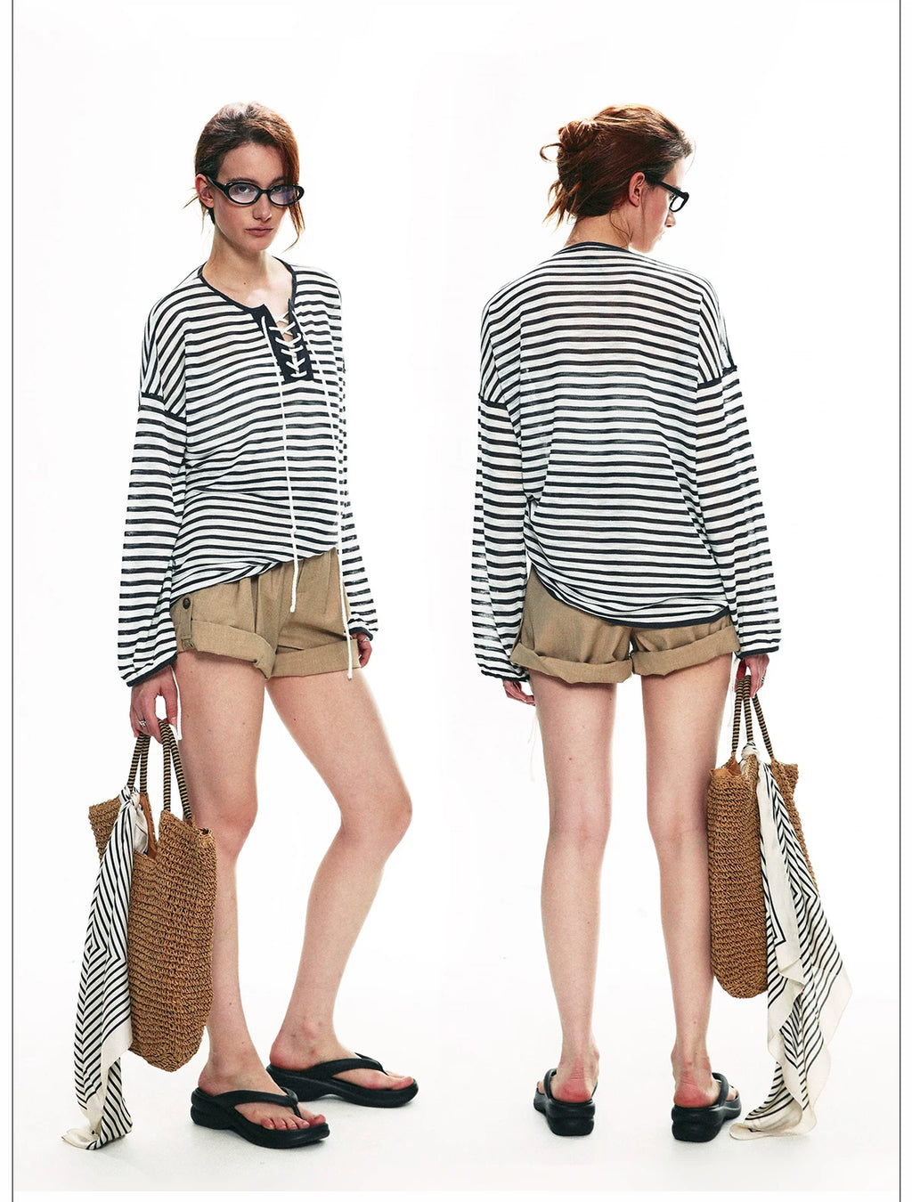 French Striped Lightweight Knit Long Sleeve Top