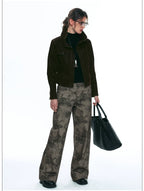 French-Inspired Vintage Flocked Twill Cropped Biker Jacket