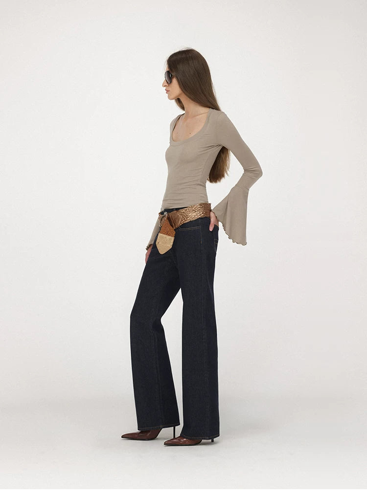 U-Neck Bell Sleeve Fitted Long Sleeve Top
