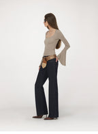 U-Neck Bell Sleeve Fitted Long Sleeve Top