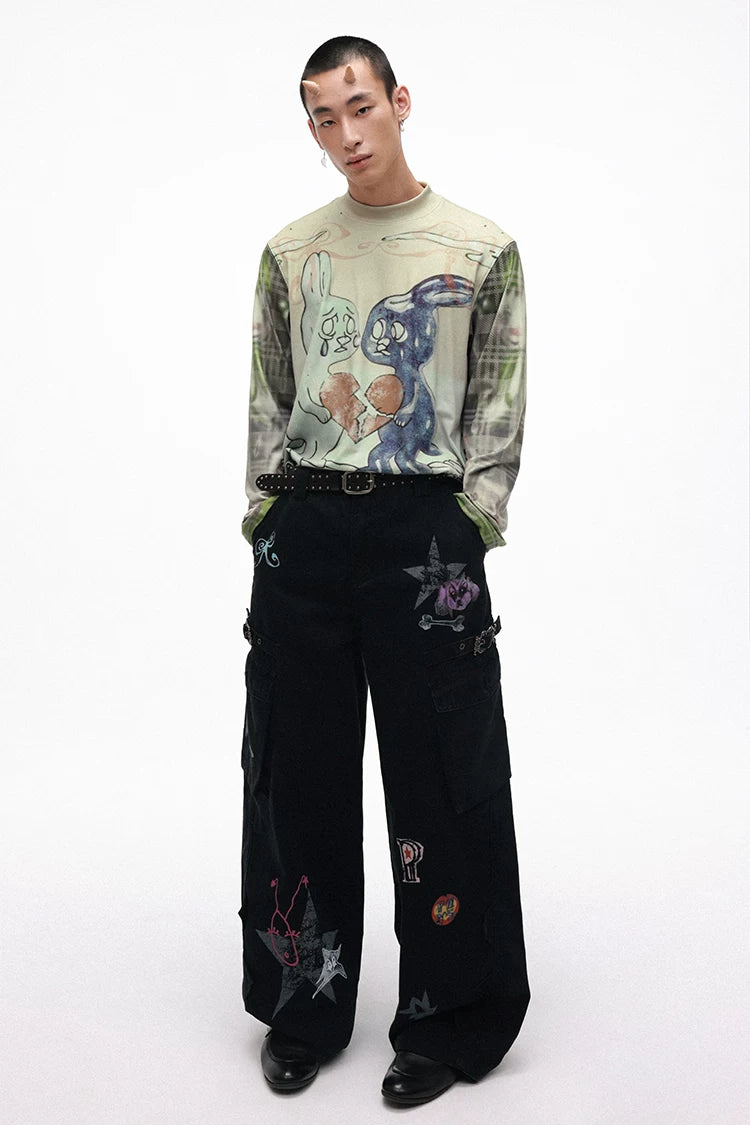 Grotesque Hand-Drawn Graphic Panel Loose Fit Cargo Denim Pants Secondary image