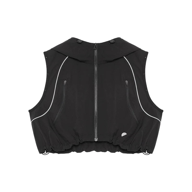 Women’s Summer Slim-Fit Cropped Hooded Functional Vest with Patchwork