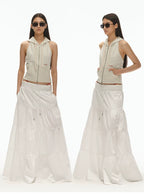 Wide Ribbed Waistband Tiered Crinkle Maxi Skirt