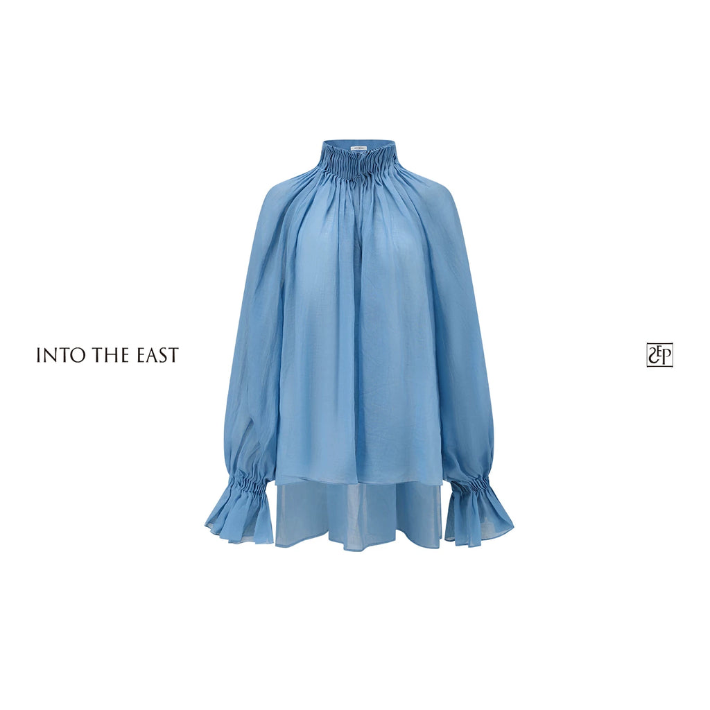 Blue Semi-Sheer Accordion Pleated Mock Neck Top