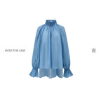 Blue Semi-Sheer Accordion Pleated Mock Neck Top