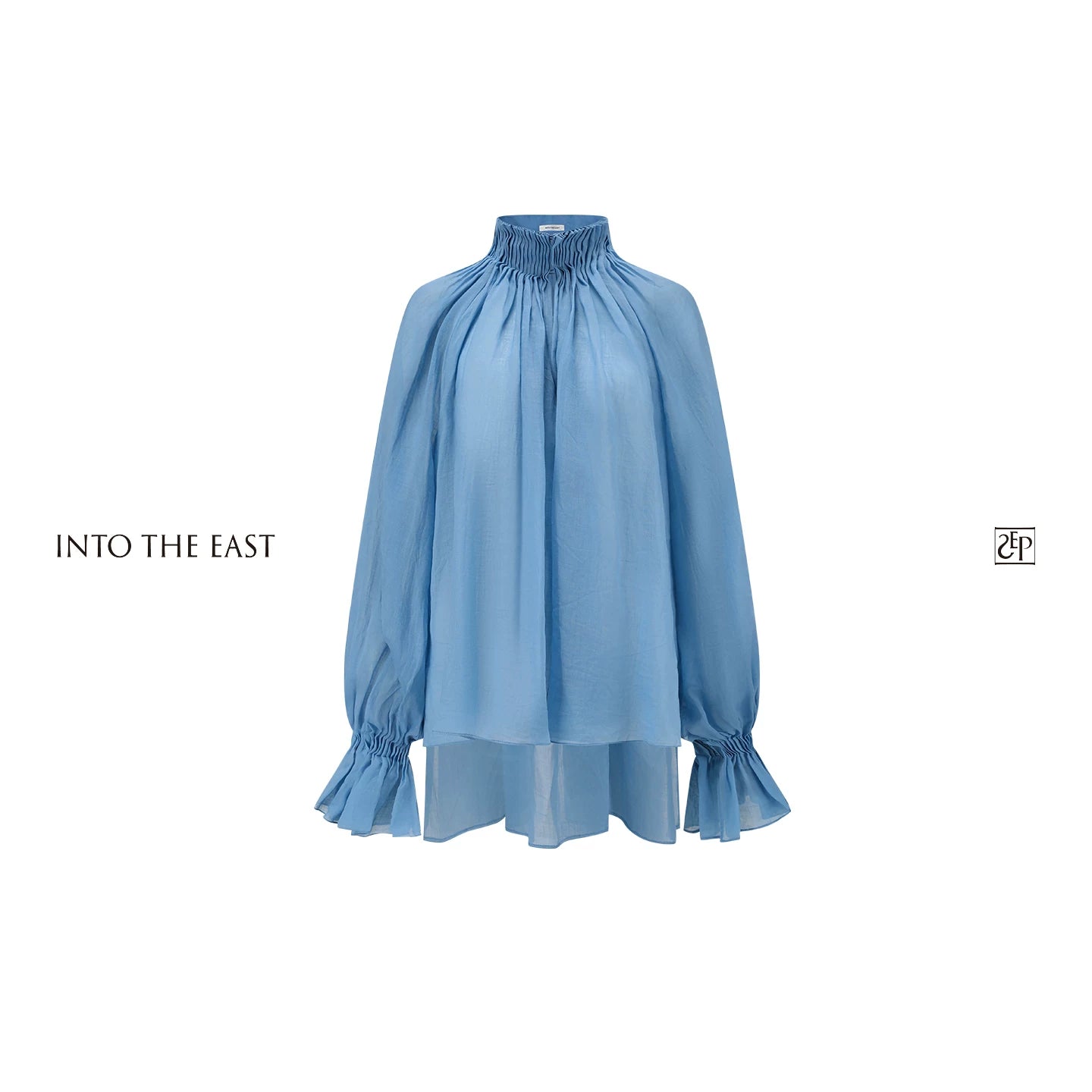 Blue Semi-Sheer Accordion Pleated Mock Neck Top