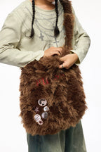 Brown Plush Embroidered & Leather Crossbody Bag – Large Capacity